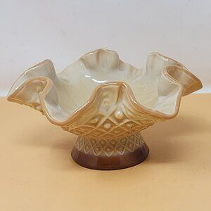 Vintage Ruffled Edge Ceramic Compote Dish Intricate Diamond PatternGlossy Finish